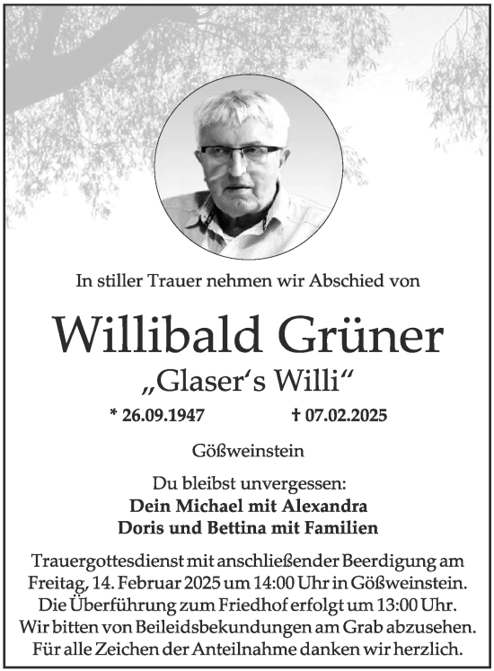 Traueranzeige von Willibald Grüner von Nordbayerische Nachrichten Forchheim Lokal