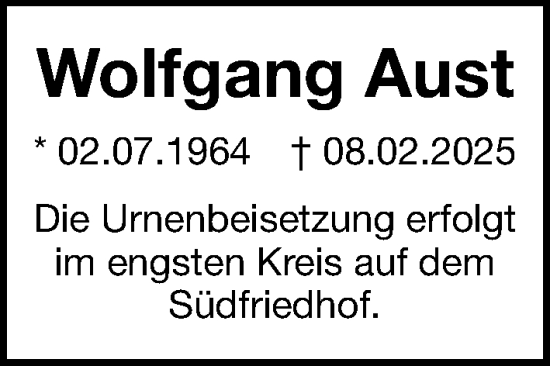 Traueranzeige von Wolfgang Aust von Gesamtausgabe Nürnberger Nachrichten/ Nürnberger Ztg.