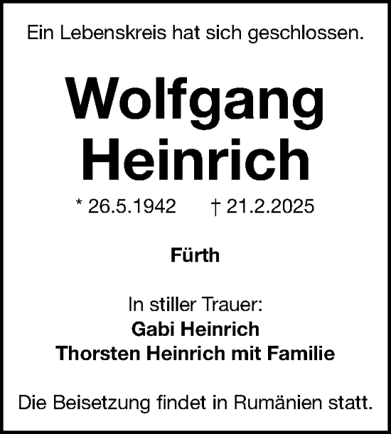 Traueranzeige von Wolfgang Heinrich von Fürther Nachrichten Lokal