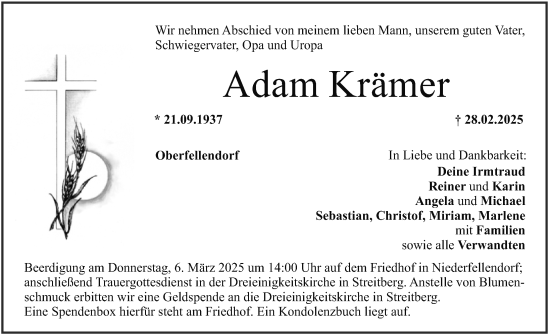 Traueranzeige von Adam Krämer von Nordbayerische Nachrichten Forchheim Lokal