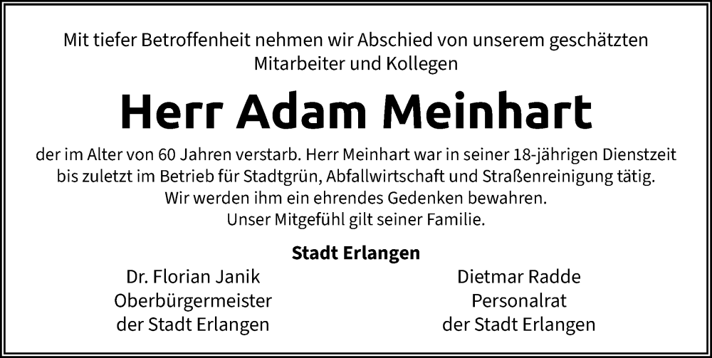  Traueranzeige für Adam Meinhart vom 22.03.2025 aus Erlanger Nachrichten Lokal