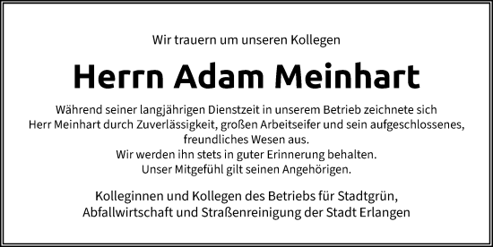 Traueranzeige von Adam Meinhart von Erlanger Nachrichten Lokal