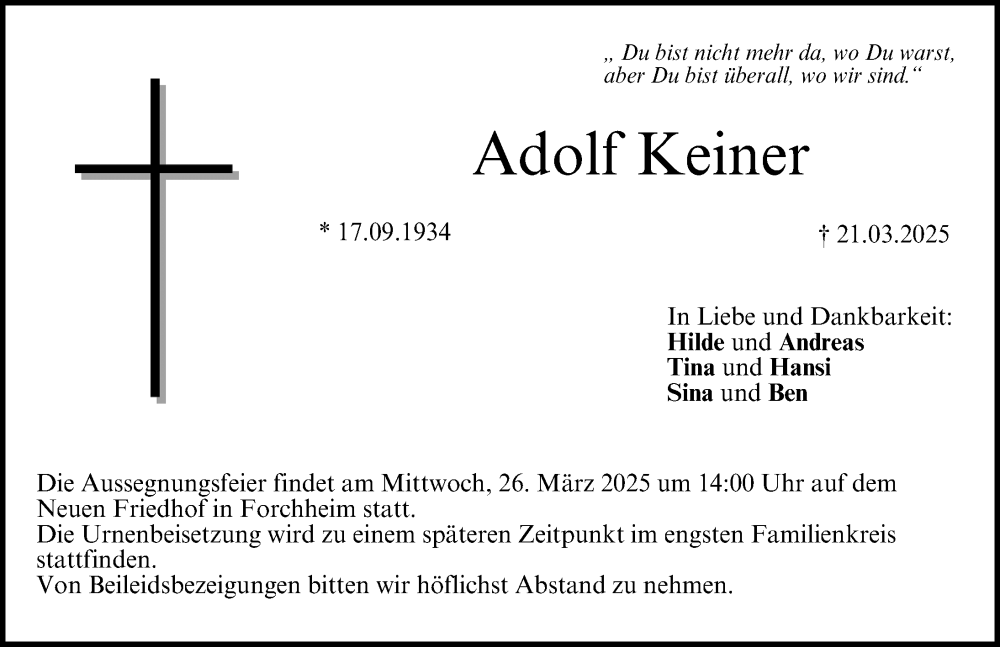  Traueranzeige für Adolf Keiner vom 25.03.2025 aus Nordbayerische Nachrichten Forchheim Lokal