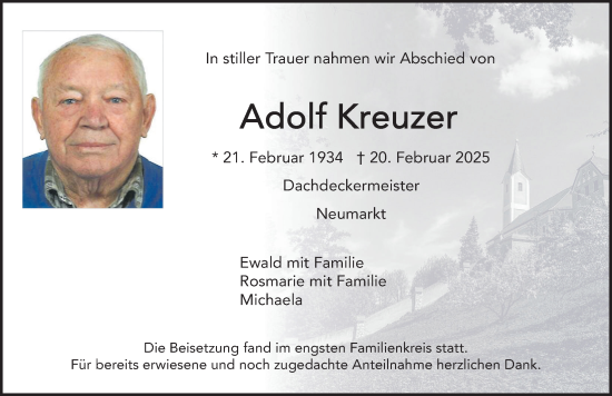 Traueranzeige von Adolf Kreuzer von Neumarkter Nachrichten Lokal
