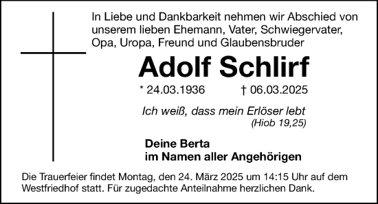 Traueranzeige von Adolf Schlirf von Gesamtausgabe Nürnberger Nachrichten/ Nürnberger Ztg.