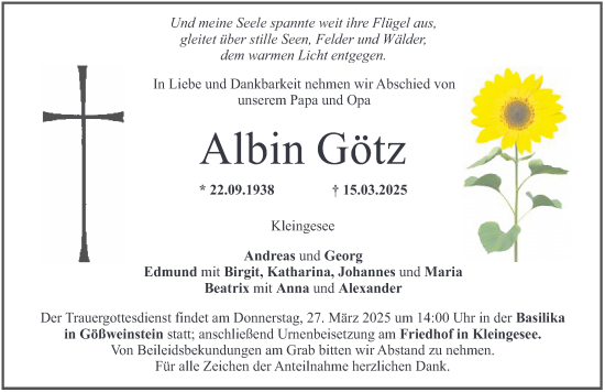 Traueranzeige von Albin Götz von Nordbayerische Nachrichten Forchheim Lokal