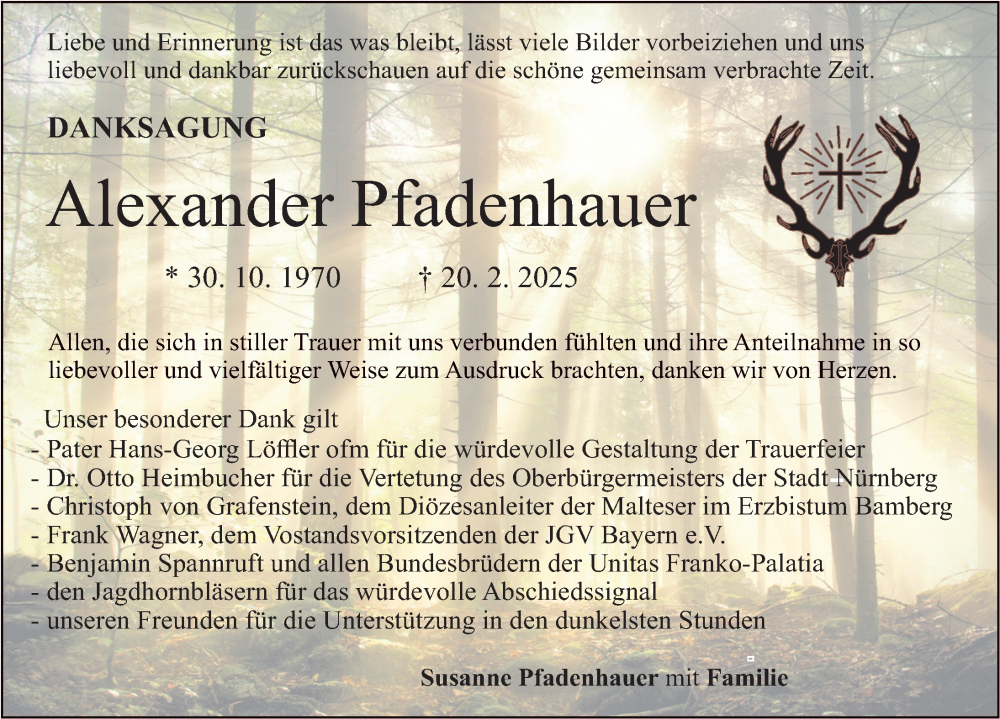  Traueranzeige für Alexander Pfadenhauer vom 29.03.2025 aus Gesamtausgabe Nürnberger Nachrichten/ Nürnberger Ztg.