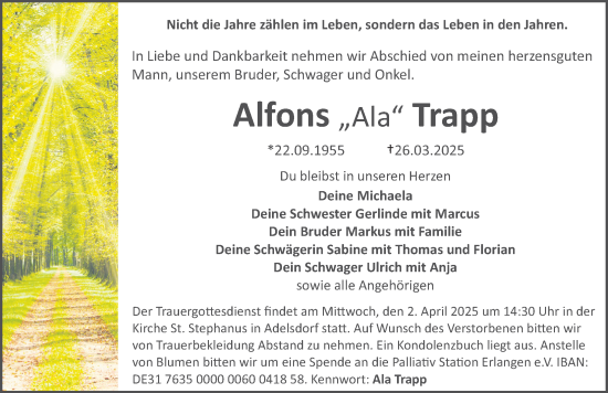 Traueranzeige von Alfons Trapp von Erlanger Nachrichten Lokal