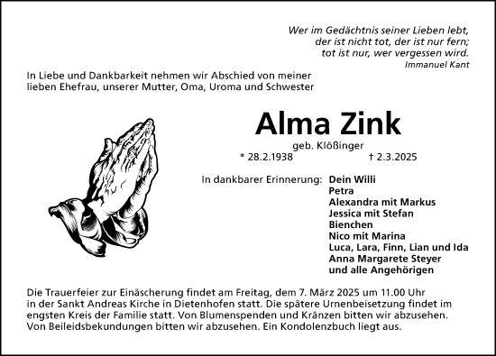 Traueranzeige von Alma Zink von Fürther Nachrichten Lokal