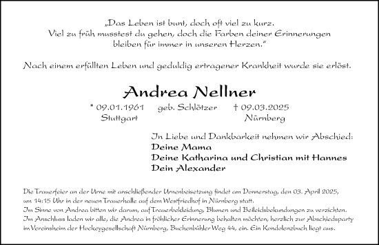 Traueranzeige von Andrea Nellner von Gesamtausgabe Nürnberger Nachrichten/ Nürnberger Ztg.