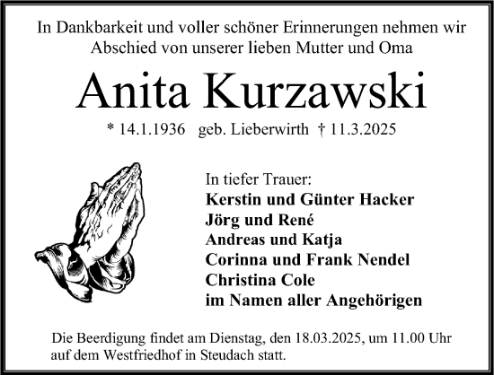 Traueranzeige von Anita Kurzawski von Erlanger Nachrichten Lokal
