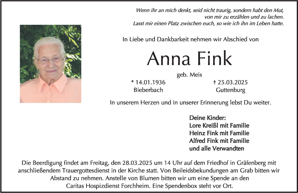  Traueranzeige für Anna Fink vom 27.03.2025 aus Gesamtausgabe Nürnberger Nachrichten/ Nürnberger Ztg.