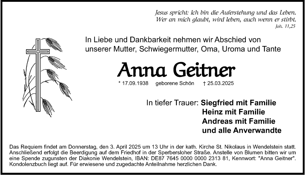  Traueranzeige für Anna Geitner vom 29.03.2025 aus Schwabacher Tagblatt Lokal