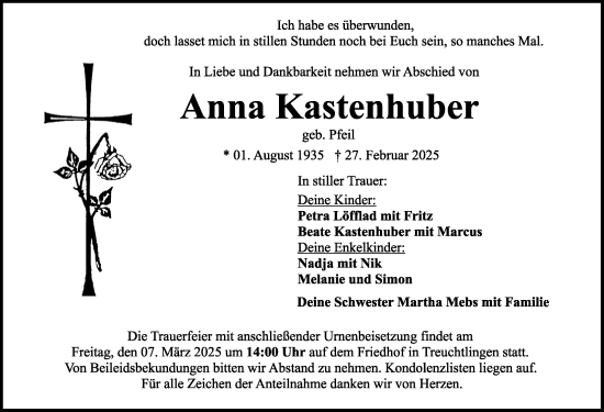 Traueranzeige von Anna Kastenhuber von Weißenburger Tagblatt u.Treuchtlinger Kurier Lokal