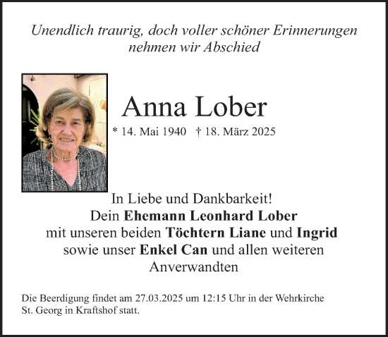 Traueranzeige von Anna Lober von Gesamtausgabe Nürnberger Nachrichten/ Nürnberger Ztg.
