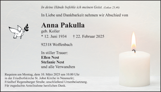 Traueranzeige von Anna Pakulla von Neumarkter Nachrichten Lokal