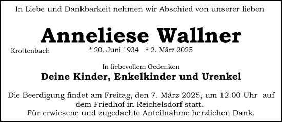 Traueranzeige von Anneliese Wallner von Gesamtausgabe Nürnberger Nachrichten/ Nürnberger Ztg.