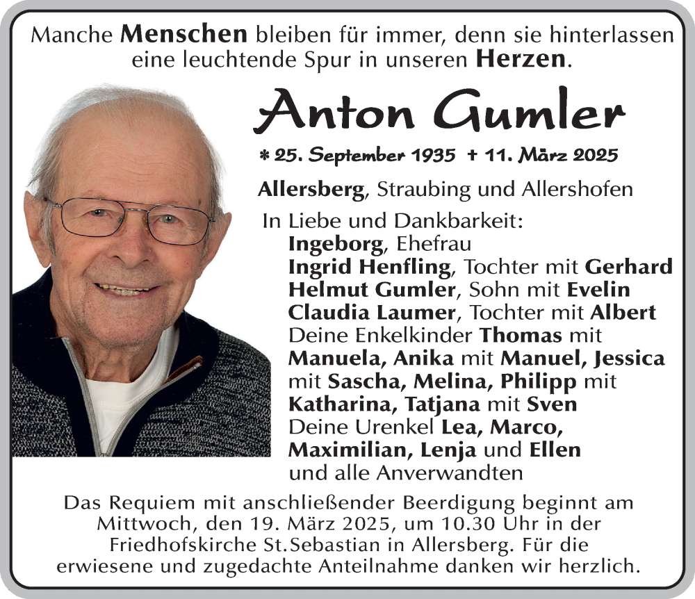  Traueranzeige für Anton Gumler vom 15.03.2025 aus Roth-Hilpoltsteiner Volkszeitung Lokal