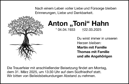 Traueranzeige von Anton Hahn von Gesamtausgabe Nürnberger Nachrichten/ Nürnberger Ztg.