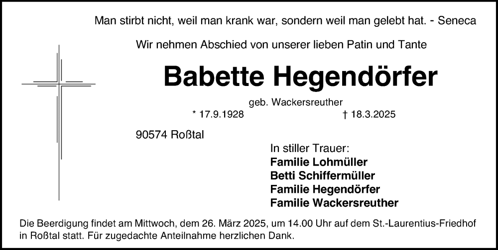  Traueranzeige für Babette Hegendörfer vom 22.03.2025 aus Fürther Nachrichten Lokal