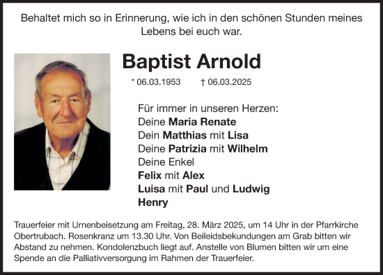 Traueranzeige von Baptist Arnold von Nordbayer. Nachrichten Pegnitz/ Nordbayer. Nachrichten Forchheim