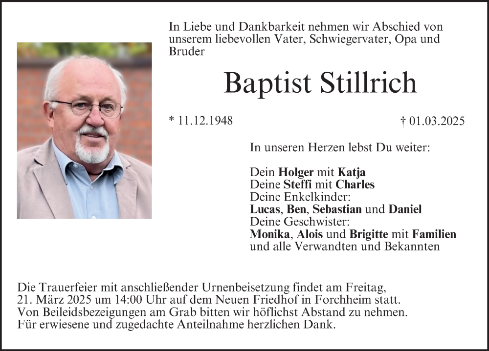  Traueranzeige für Baptist Stillrich vom 15.03.2025 aus Nordbayerische Nachrichten Forchheim Lokal