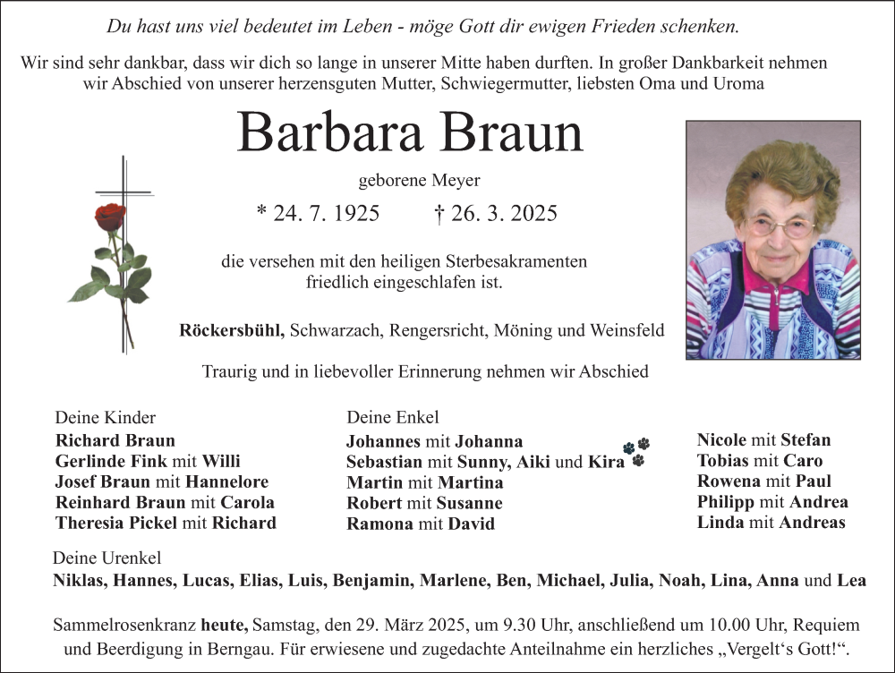  Traueranzeige für Barbara Braun vom 29.03.2025 aus Neumarkter Nachrichten Lokal