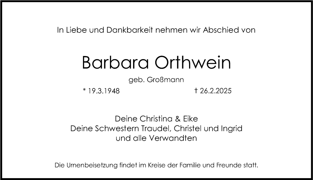  Traueranzeige für Barbara Orthwein vom 08.03.2025 aus Erlanger Nachrichten Lokal