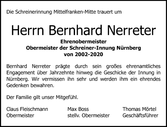 Traueranzeige von Bernhard Nerreter von Gesamtausgabe Nürnberger Nachrichten/ Nürnberger Ztg.