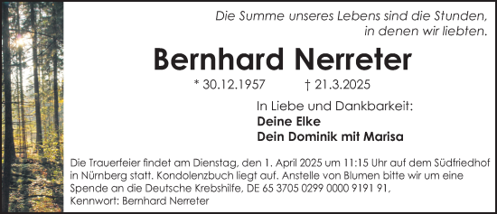 Traueranzeige von Bernhard Nerreter von Gesamtausgabe Nürnberger Nachrichten/ Nürnberger Ztg.
