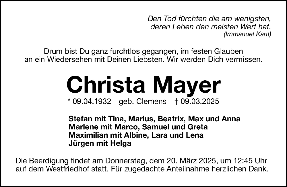  Traueranzeige für Christa Mayer vom 15.03.2025 aus Gesamtausgabe Nürnberger Nachrichten/ Nürnberger Ztg.
