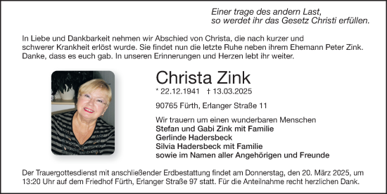 Traueranzeige von Christa Zink von Gesamtausgabe Nürnberger Nachrichten/ Nürnberger Ztg.