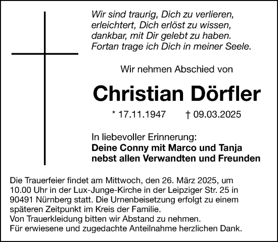 Traueranzeige von Christian Dörfler von Gesamtausgabe Nürnberger Nachrichten/ Nürnberger Ztg.