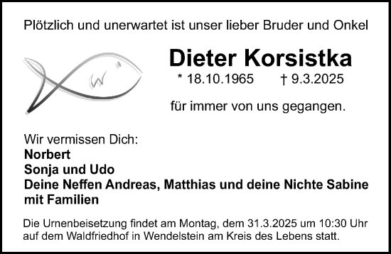 Traueranzeige von Dieter Korsistka von Schwabacher Tagblatt Lokal