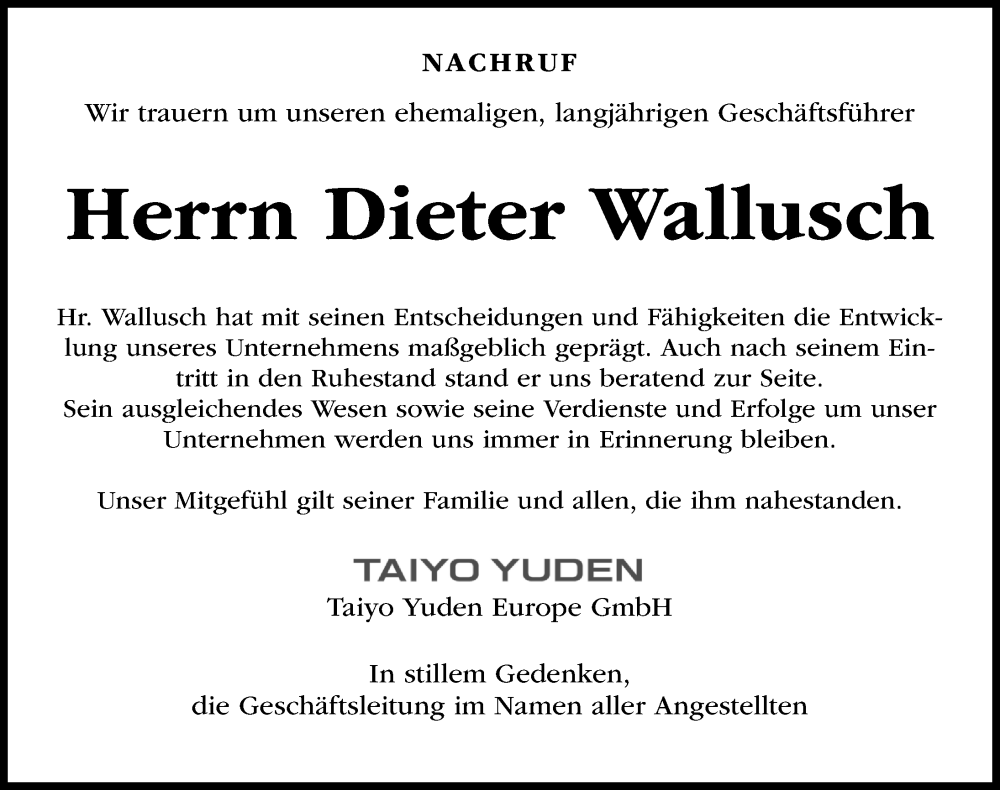  Traueranzeige für Dieter Wallusch vom 06.03.2025 aus Gesamtausgabe Nürnberger Nachrichten/ Nürnberger Ztg.
