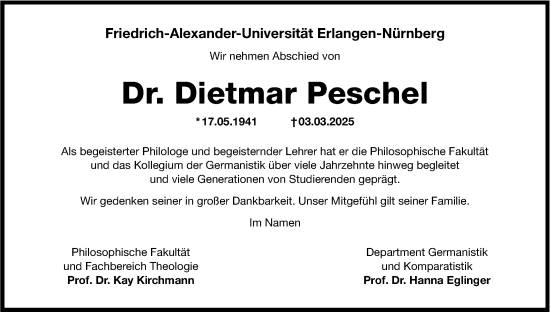 Traueranzeige von Dietmar Peschel von Erlanger Nachrichten Lokal
