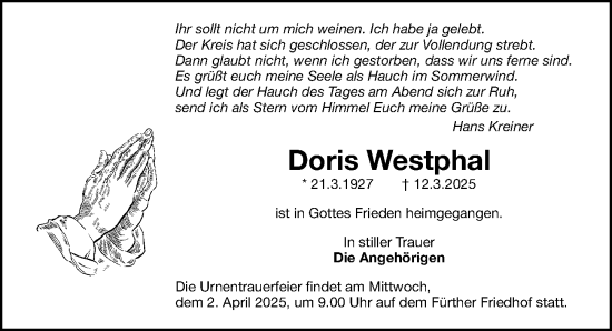 Traueranzeige von Doris Westphal von Fürther Nachrichten Lokal