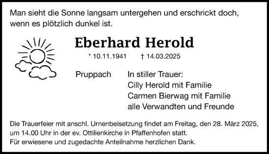 Traueranzeige von Eberhard Herold von Roth-Hilpoltsteiner Volkszeitung Lokal