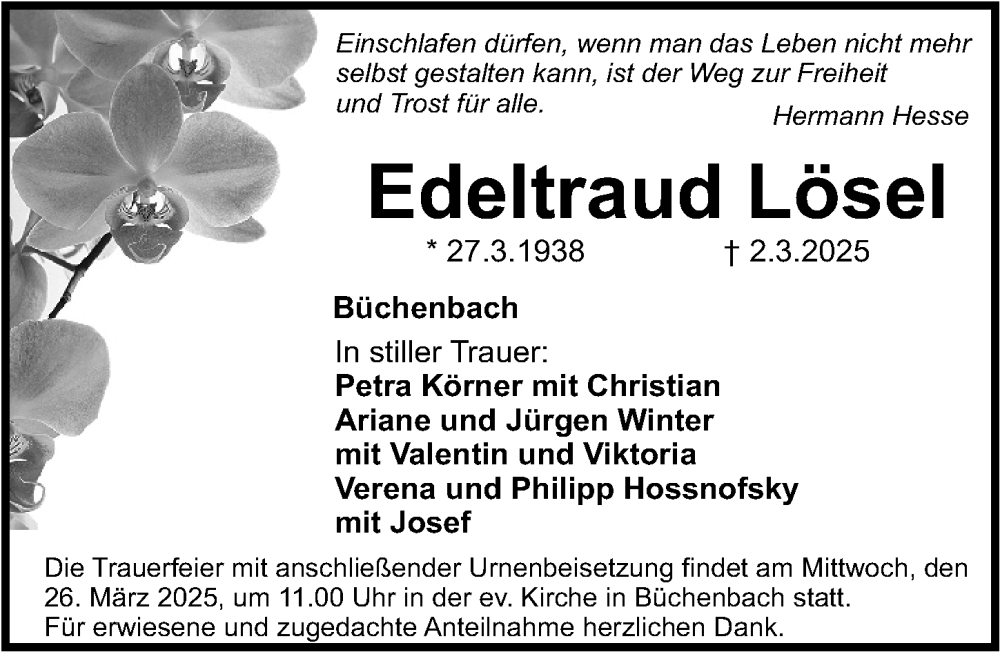  Traueranzeige für Edeltraud Lösel vom 22.03.2025 aus Roth-Hilpoltsteiner Volkszeitung Lokal