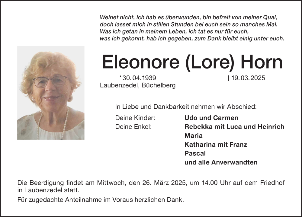  Traueranzeige für Eleonore Horn vom 22.03.2025 aus Altmühl-Bote Lokal
