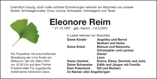 Traueranzeige von Eleonore Reim von Fürther Nachrichten Lokal
