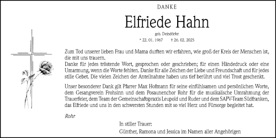 Traueranzeige von Elfriede Hahn von Schwabacher Tagblatt Lokal