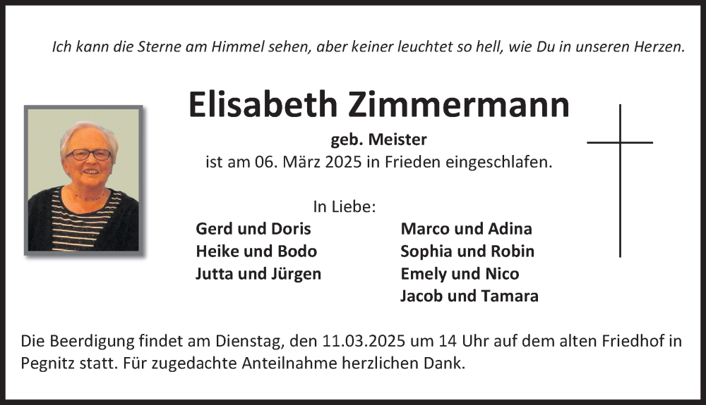  Traueranzeige für Elisabeth Zimmermann vom 08.03.2025 aus Nordbayerische Nachrichten Pegnitz Lokal
