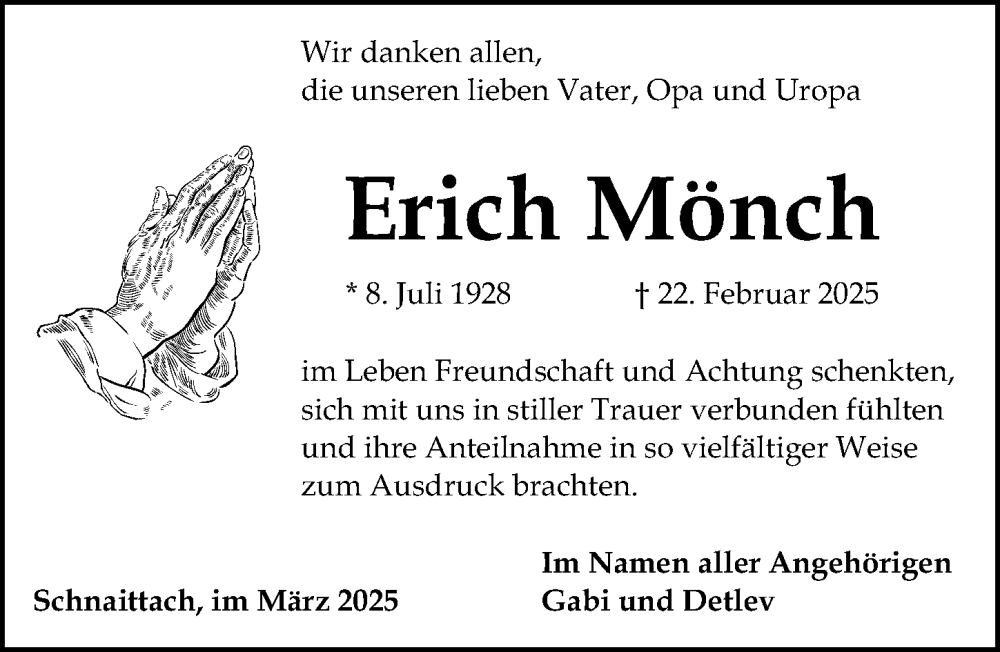  Traueranzeige für Erich Mönch vom 22.03.2025 aus Gesamtausgabe Nürnberger Nachrichten/ Nürnberger Ztg.