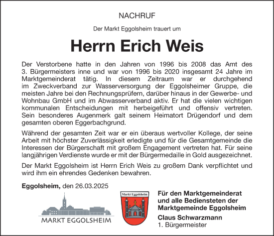 Traueranzeige von Erich Weis von Nordbayerische Nachrichten Forchheim Lokal