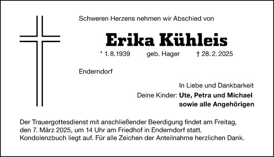 Traueranzeige von Erika Kühleis von Altmühl-Bote Lokal