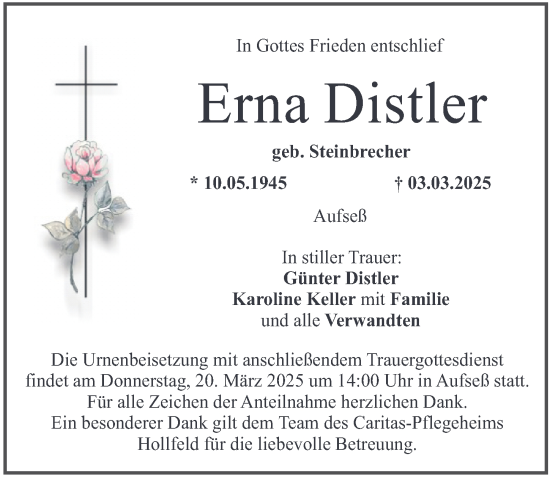 Traueranzeige von Erna Distler von Nordbayerische Nachrichten Forchheim Lokal