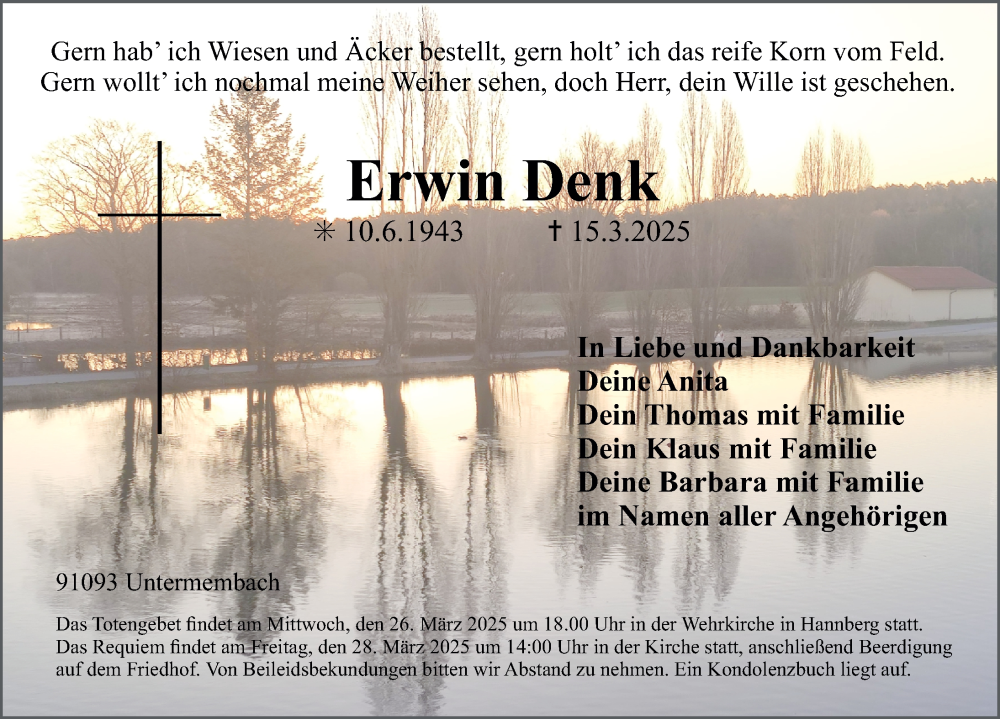  Traueranzeige für Erwin Denk vom 22.03.2025 aus Nordbayerische Nachrichten Herzogenaurach Lokal