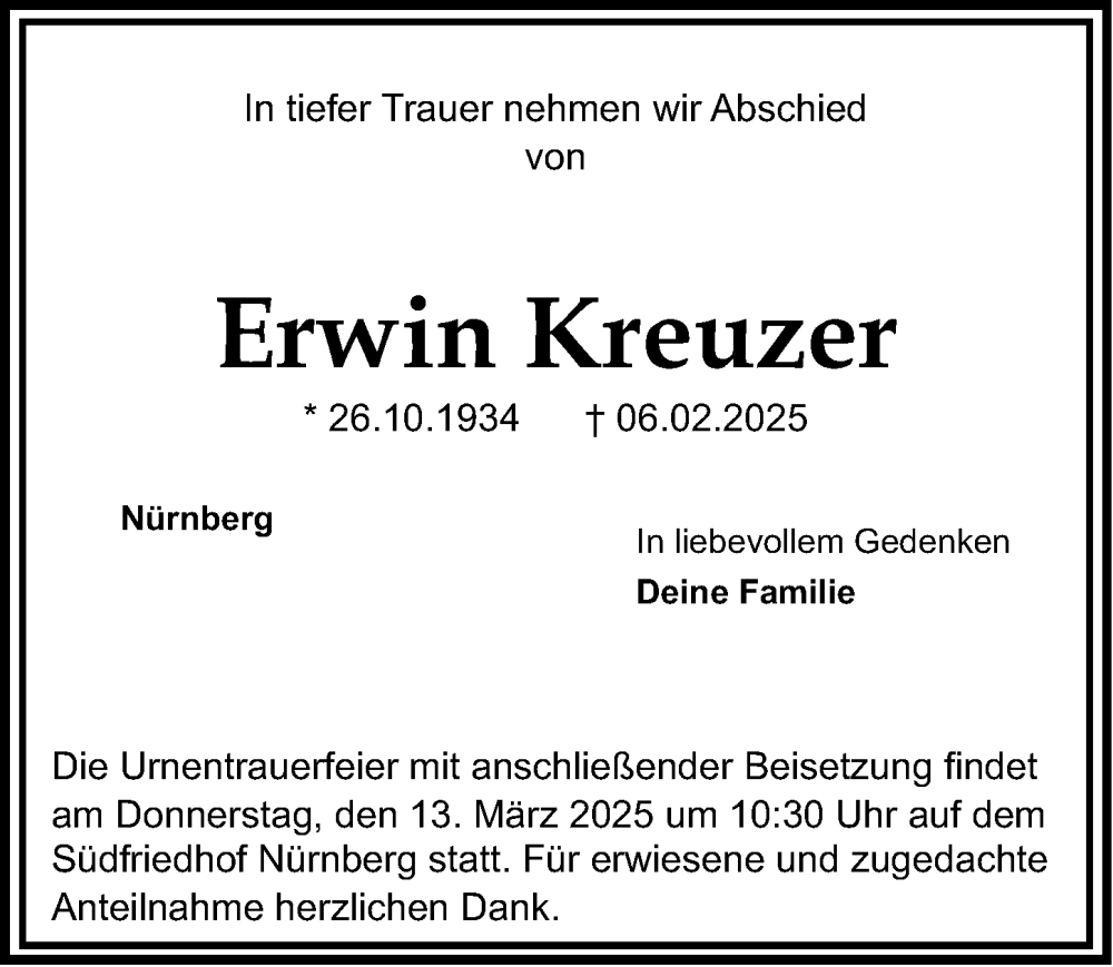  Traueranzeige für Erwin Kreuzer vom 08.03.2025 aus Gesamtausgabe Nürnberger Nachrichten/ Nürnberger Ztg.