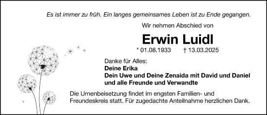 Traueranzeige von Erwin Luidl von Gesamtausgabe Nürnberger Nachrichten/ Nürnberger Ztg.